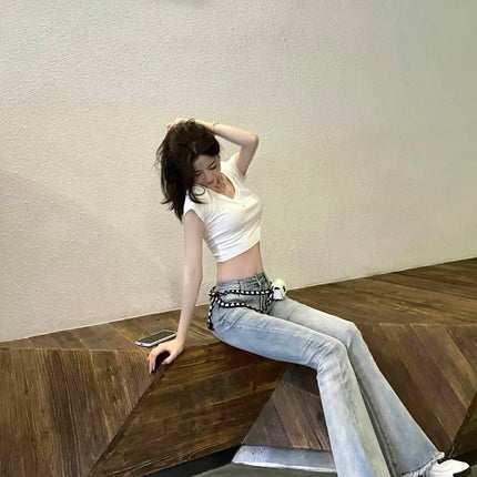 Womens Jeans Flared Trousers Blue Woman Pants Bell Bottom Skinny Slim Fit Low Rise Waist Flare with Pockets Wide Leg Grunge Y2k