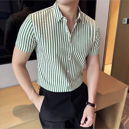2025 Summer Fashion Vertical Striped Shirts Luxury Men's Short Sleeved Slim Fit Casual Pleated Business Shirt Men Clothing 4XL-M
