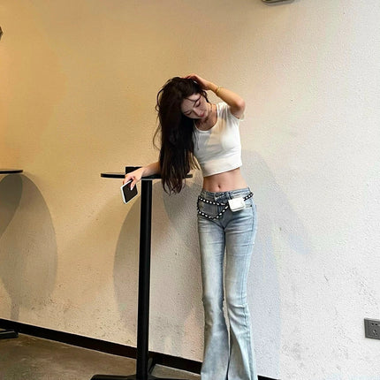 Womens Jeans Flared Trousers Blue Woman Pants Bell Bottom Skinny Slim Fit Low Rise Waist Flare with Pockets Wide Leg Grunge Y2k