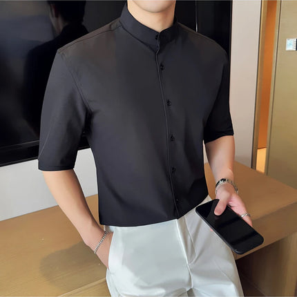 High Quality Chinese Style Stand Up Neck Shirt Men's Summer Mid Sleeved Slim Fit Casual Social Business Blouse Homme 4XL-M