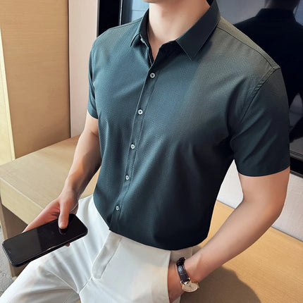 High Quality Ice Silk Elastic Jacquard Shirts 2024 Summer New Men Casual Short Sleeved Slim Fit Business Versatile Shirt 4XL-M