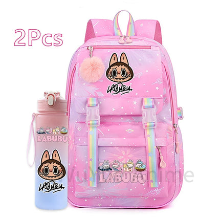 2Pcs/set Cute Cartoon Backpack with 750Ml Outdoor Sports Water Bottle Student Girl Boy Schoolbag Large Capacity Travel Bag Gift