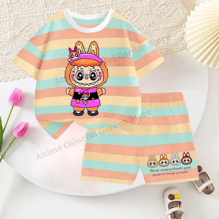 2pcs Labubu T-shirts Shorts Set for Children Pop Mart Fashion Striped Short Sleeved Shorts Suit Boys Girls Summer Clothes Suits