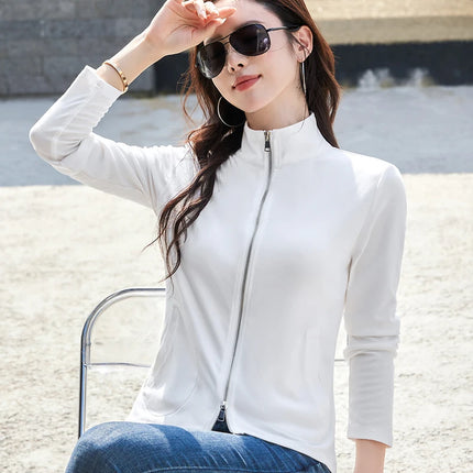 New Women's Zippered Stand Collar Jacket Slim Fit Long Sleeve Cotton Solid Color Casual Outerwear
