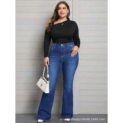 Blue Classic Fashion Flare Pants Comfort Micro Stretch Mid Waist Jeans Women Plus Size Trousers Casual Elastic Gym Sports Pant