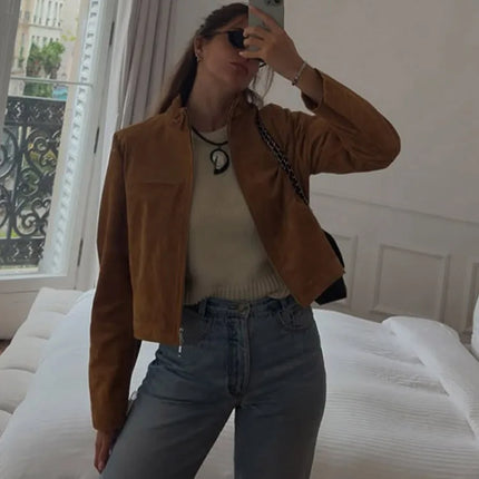 Suede Leather Short Jacket Coat Zipper Stand Collar Vintage Casual Motorcycle Jackets Baggy Front Shoulder Women Outwear Top New