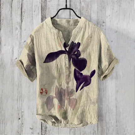New pine tree landscape 3D printing stand collar short sleeve shirt foreign trade fashion casual loose bamboo fiber linen shirt