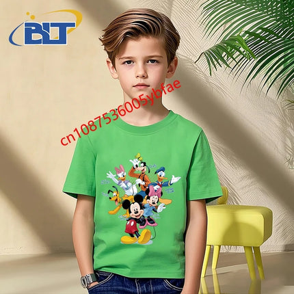Disney Mickey Mouse and Friends print kids T-shirt pure cotton short-sleeved green top cartoon children's clothing for boys