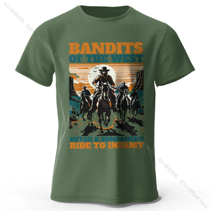 Men's Bandits of The West Printed T-Shirt 100% Cotton Oversized Street Graphic Tees for Men Women Summer Tops