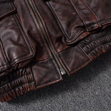 New Men's Genuine Leather Jacket Vintage Stone Milled Top Layer Cowhide Bomber Jacket A2 Brown Men's Calfskin Motorcycle Jacket