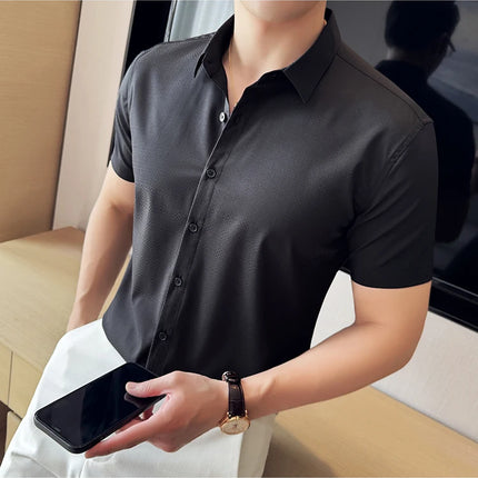 High Quality Ice Silk Elastic Jacquard Shirts 2024 Summer New Men Casual Short Sleeved Slim Fit Business Versatile Shirt 4XL-M