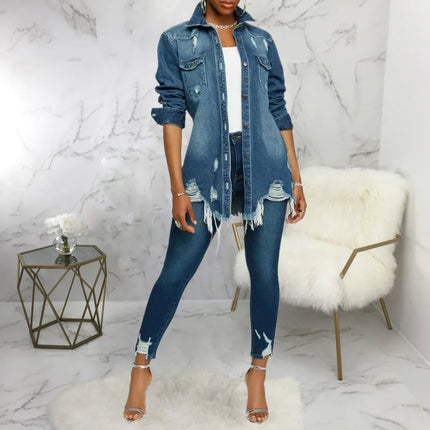 Women Jeans Jackets Spring Summer Ripped Denim Vintage Casual Denim Jacket Long Sleeve Female Chic Coat Streetwear 2024