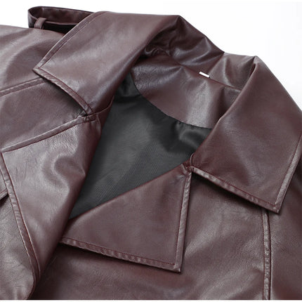 Women Red Wine Leather Short Jackets With Belt Vintage Turndown Collar Long Sleeve Coats 2024 Female Chic Streetwear Cardigan