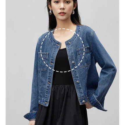 SENTUBILA Pure Cotton Denim Jacket Women 2025 Spring Autumn Outerwear Round Neck Pockets Cropped Jeans Coat Womans W41W53402