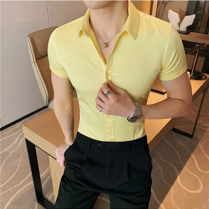 Summer Men Fashion Casual Short Sleeve Solid Shirt Super Slim Fit Male Social Business Dress Shirt Brand Men Casual Dress Blouse