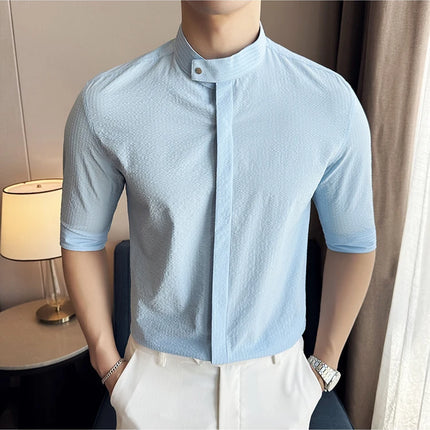 New Chinese Style Stand Up Collar Slim Fit Half Sleeved Shirts Men High Quality Striped Elegant Shirt Summer Social Party Dress