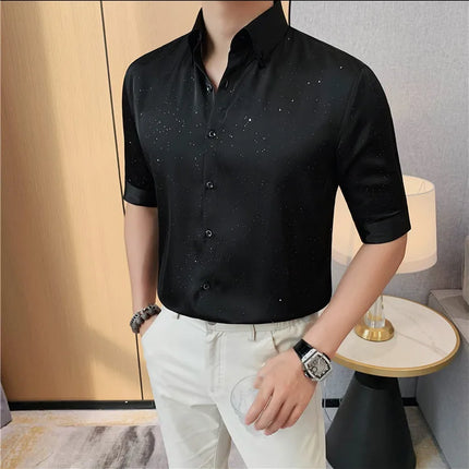 Summer New Powder Shiny Shirts Fashion Men's V-neck Half Sleeve Slim Fit Casual Shirts Social Personality  Top Club Outfits