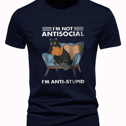 I Am Not Anti Social Letter Print Tshirts Animal Cat Printed Men's T-shirt Summer Loose Casual Tees Streetwear Short Sleeve Tops