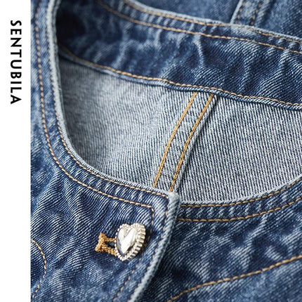 SENTUBILA Pure Cotton Denim Jacket Women 2025 Spring Autumn Outerwear Round Neck Pockets Cropped Jeans Coat Womans W41W53402