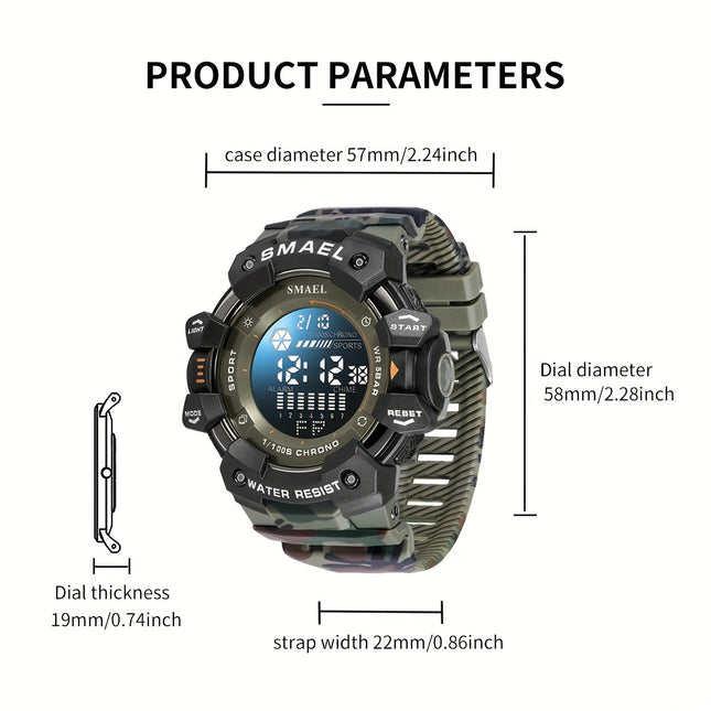 SMAEL Sports Digital Wristwatch For Outdoor Mountaineering, LED Night Light Multifunctional Alarm Calendar Waterproof Watch With Large Dial Camo Strap