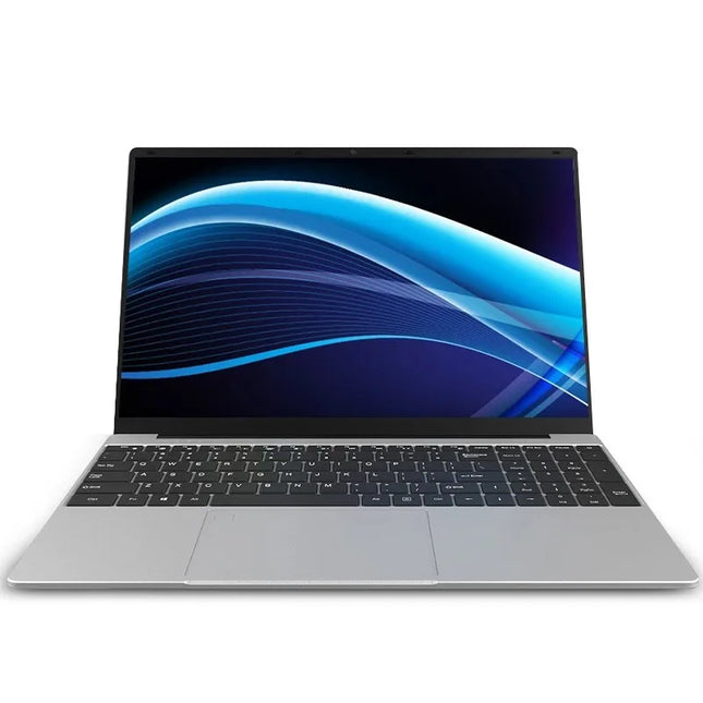 Laptop with a blue and black abstract design on the screen against a white background