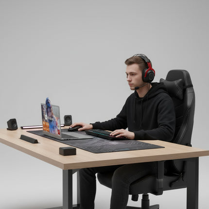 Laptop with Windows logo on screen, showing technical specifications, with a promotional banner for 48-hour delivery.