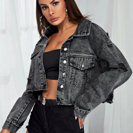 2021 European And American New Autumn Winter Ladies Loose Fashion Female Lapel Single-Breasted Short Denim Jacket Denim Women