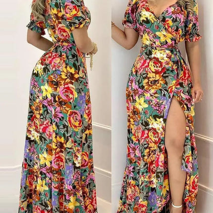 Women Floral Print Side High Slit Short Sleeve Maxi Dress