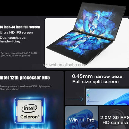 OEM New Novel 14 + 14 Inch Touch Screen Dual Screen Laptop Computer for College Student Business 16GB DDR4