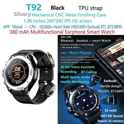 2 in 1 T92 Smart Bracelet and Waterproof Earbuds Headset IP67 Smart Watch with Touch Screen and TWS Calling Features