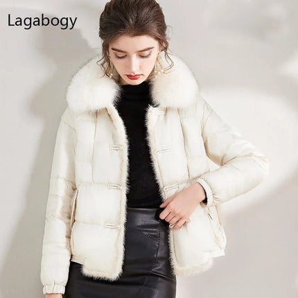 Lagabogy 2024Real Fox Fur Collar Winter Women 90%White Duck Down Jacket Ladies Short Warm Puffer Coat Female Loose Vintage Parka