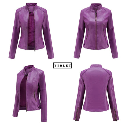 Faux Leather Jacket Women 2025 Autumn Spring Women's Moto Biker Jacket Red Black Coat Outerwear Brown Purple Blue 3xl 4xl Coffee