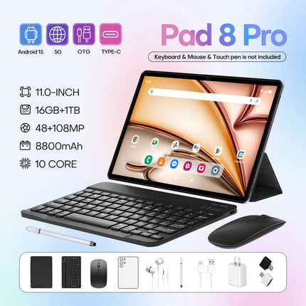 New 11-Inch Pad8 Pro Android 15 Tablet PC Educational 5G WiFi 5G Calling for Adults with 16GB + 1TB MTK Octa Core PC