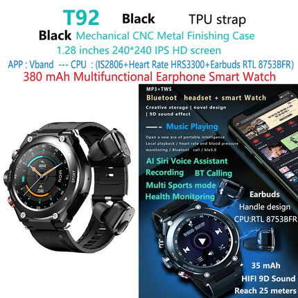 2 in 1 T92 Smart Bracelet and Waterproof Earbuds Headset IP67 Smart Watch with Touch Screen and TWS Calling Features