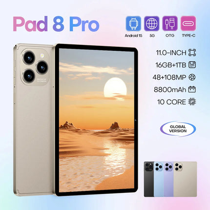 New 11-Inch Pad8 Pro Android 15 Tablet PC Educational 5G WiFi 5G Calling for Adults with 16GB + 1TB MTK Octa Core PC
