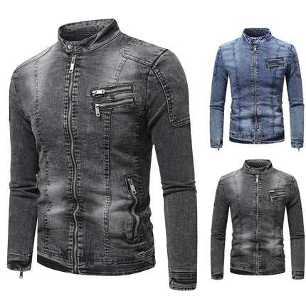New Motorcycle Denim Jacket Men Retro Zippers Stand Collar Denim Coats Mens Cotton Slim Fit Denim Jacket Moto Biker Outerwear