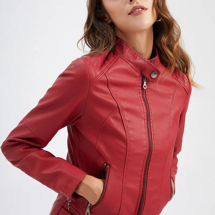 Faux Leather Jacket Women 2025 Autumn Spring Women's Moto Biker Jacket Red Black Coat Outerwear Brown Purple Blue 3xl 4xl Coffee