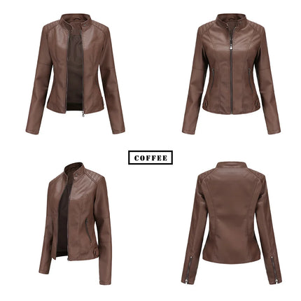 Faux Leather Jacket Women 2025 Autumn Spring Women's Moto Biker Jacket Red Black Coat Outerwear Brown Purple Blue 3xl 4xl Coffee
