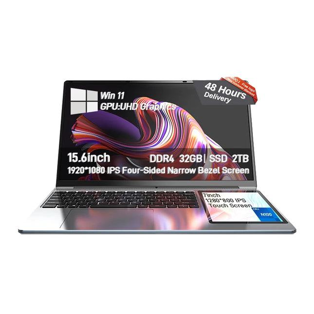 15.6 Inch + 7 Inch Dual Double Screen Business Laptop Portable PC Intel N100 MAX 32GB RAM 2TB SSD Ordinateur Portable