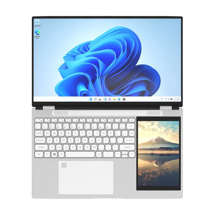 Two laptop screens displaying different wallpapers on a white background