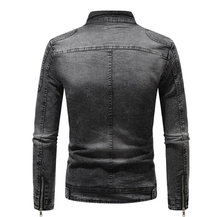 New Motorcycle Denim Jacket Men Retro Zippers Stand Collar Denim Coats Mens Cotton Slim Fit Denim Jacket Moto Biker Outerwear
