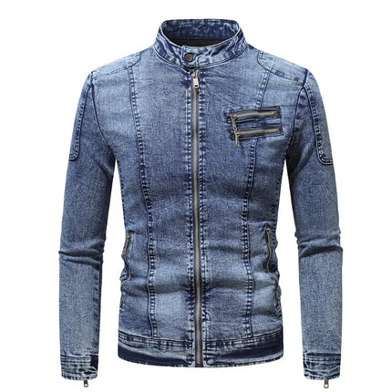 New Motorcycle Denim Jacket Men Retro Zippers Stand Collar Denim Coats Mens Cotton Slim Fit Denim Jacket Moto Biker Outerwear