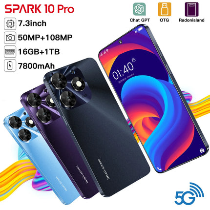 Spark10 Pro Android Smartphone 7.3 Inches Dual Octa Core 16+1T 108MP Manufacturer's Hot Selling Model English for Your Tech