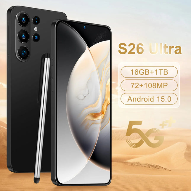 Hot Selling S26 Ultra 5G Smartphone Original Android 15 108MP HD Beauty Camera 16GB+1TB 7.3inch Unlocked Deca Core Cellular CDMA