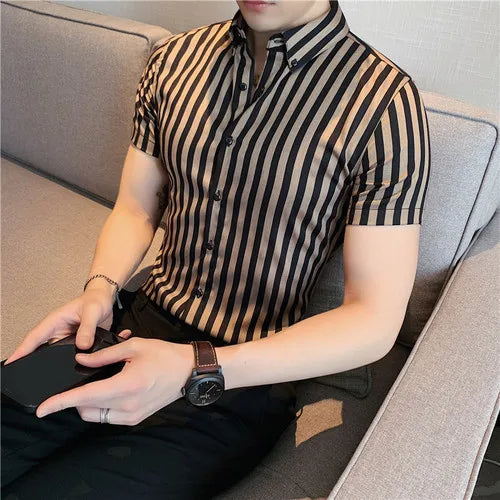 2021 Summer Men Short Sleeve Striped Shirts High Quality Male Luxury Business Casual Formal Dress Shirts Slim Streetwear Blouse