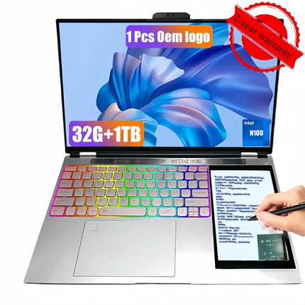 15.6 Inch + 7 Inch IPS 1080P OEM Intel Celeron N100 Quad Core 500GB Hard Drive Custom Business Dual Screen Touch Office Laptop