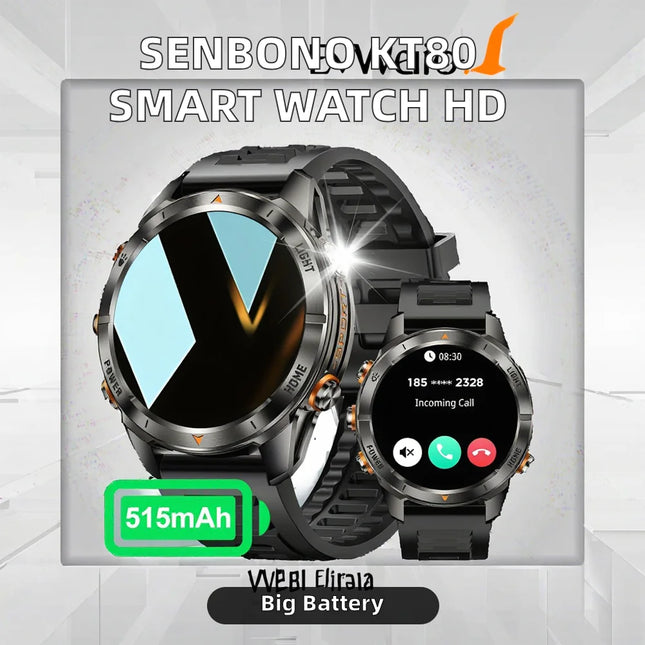 SENBONO KT80 Men's Smart Watch New 1.46'' HD OLED Large Screen 515mAh Battery Long Standby Dial Answer Call Sport Features IP68