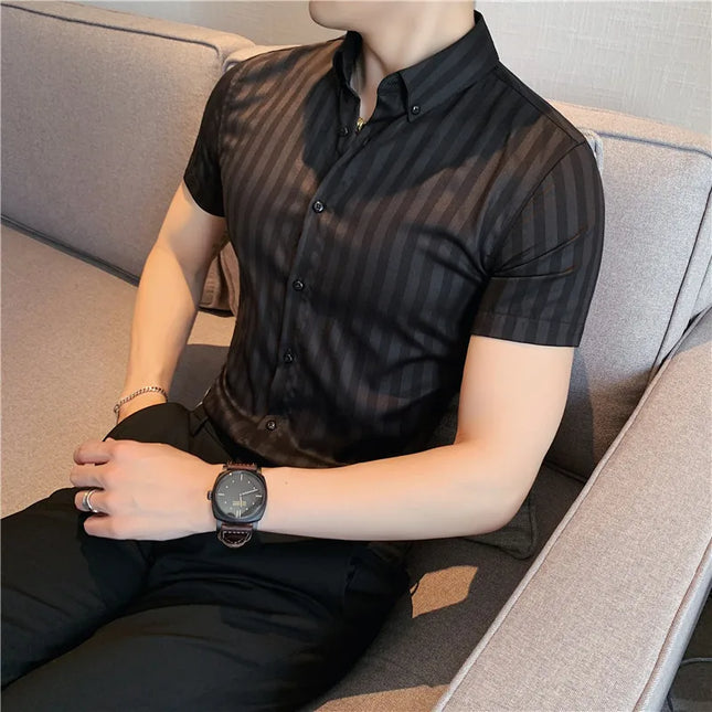 2021 Summer Men Short Sleeve Striped Shirts High Quality Male Luxury Business Casual Formal Dress Shirts Slim Streetwear Blouse