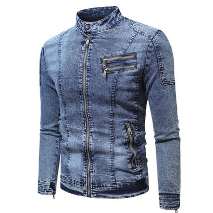 New Motorcycle Denim Jacket Men Retro Zippers Stand Collar Denim Coats Mens Cotton Slim Fit Denim Jacket Moto Biker Outerwear