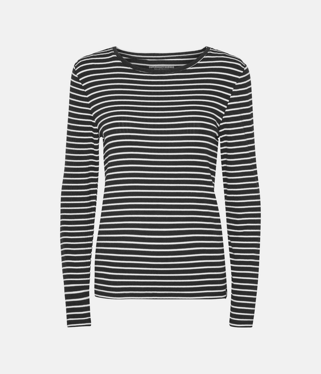 Sort/Hvid stribet langærmet bambus T-Shirt i rib